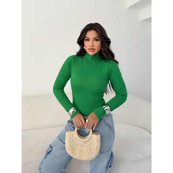 Body Feminino Collant Manga Longa Tecido Ana Ruga Gola Alta