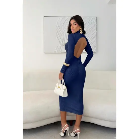 Vestido Feminino Midi Anarruga Premium Manga Longa Gola Alta Decote nas Costas