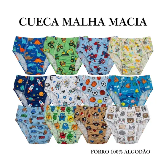 Kit Cueca Infantil Menino Slip Malha Macia forro Algodão Estampas Sortidas 5-10 coecas PP P M G GG
