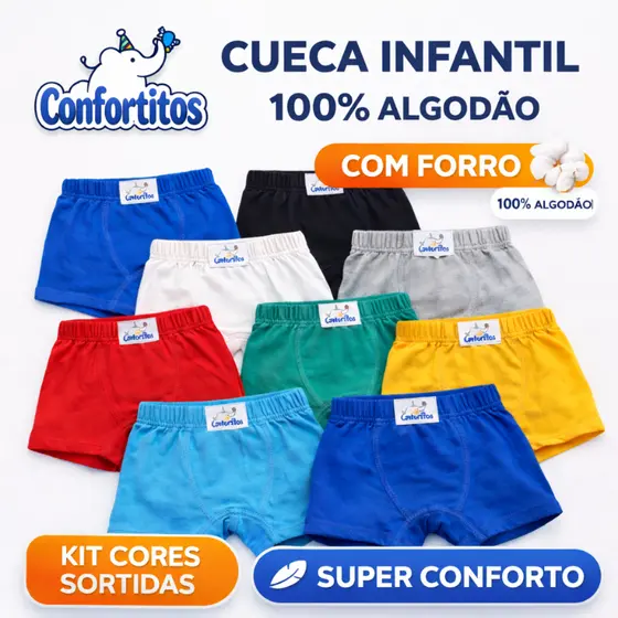Kit Cuecas Infantis Box Menino 100% Algodão com Forro Confortável Macia Respirável Cores Sortidas