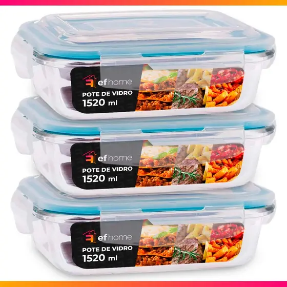 Kit 3 Potes 1520ml De Vidro Com Tampa Hermética e Travas Vai ao Forno/Freezer