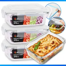 4 Potes de Vidro Hermético 370 ML C/ Tampa Plástica e Vedação Ou 3 Potes de Plástico Marmita