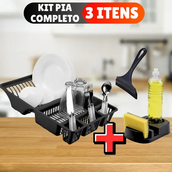 Kit Cozinha Escorredor Louça Copos Talheres 12 Pratos Porta Detergente Rodo Plástico Preto Plasmarc