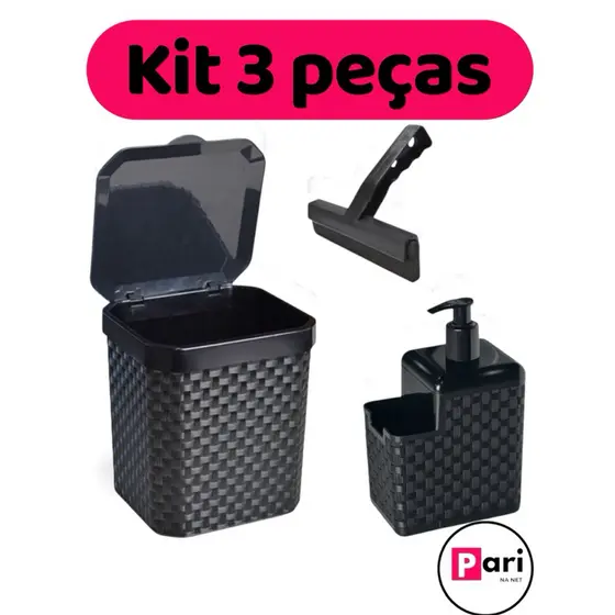 Kit com 3 peças Lixeira Rattan 5L Preta com Tampa + Porta Detergente Dispenser + Rodinho de pia