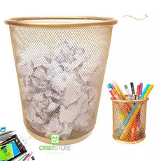 KIT LIXEIRA ESCRITÓRIO E PORTA CANETA DOURADO