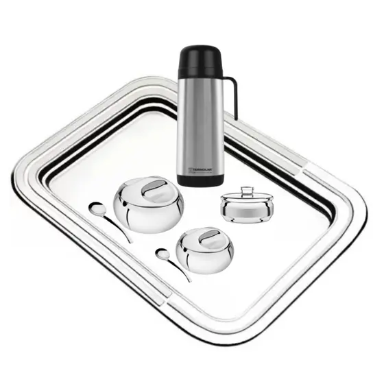 Kit Servir Farinheira Açucareiro Bandeja Garrafa Porta Guardanapo ou Paliteiro Inox