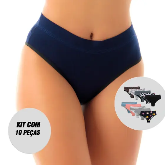 Kit 10 Calcinhas de Algodão Cintura Alta Ajuda Segurar Barriga Francesinha