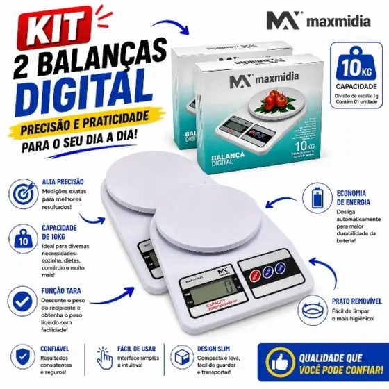 KIt 02 Unidades Balança De Cozinha Digital 10Kg  Maxmidia
