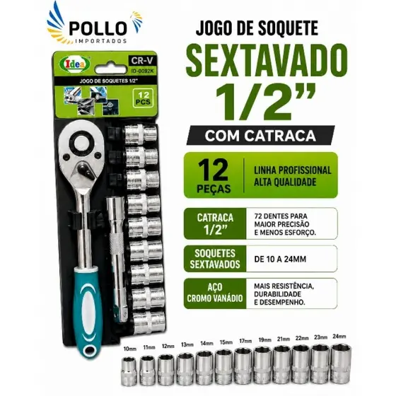 Jogo De Soquete Sextavado 1/2 Catraca 12 Peças 10 a 24mm com Extensão