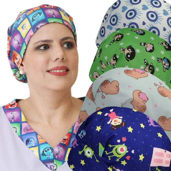 Touca cirurgica feminina enfermagem doceira com elástico personagens Disney