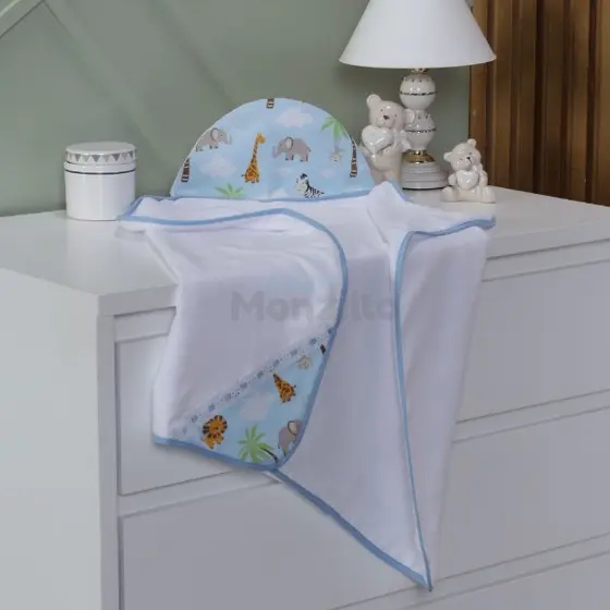 Toalha De Banho Bebe Dupla Face Com Capuz Forrada com fralda SAFARI AZUL BEBÊ