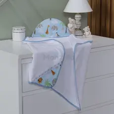 Toalha De Banho Bebe Dupla Face Com Capuz Forrada com fralda SAFARI AZUL BEBÊ