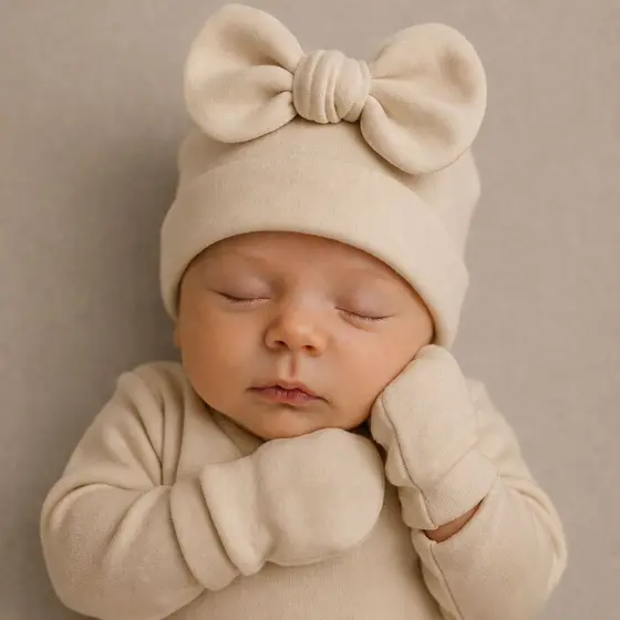 Kit Touca com Laço e Luva para Bebê Recém Nascida Menina 0-6 Meses