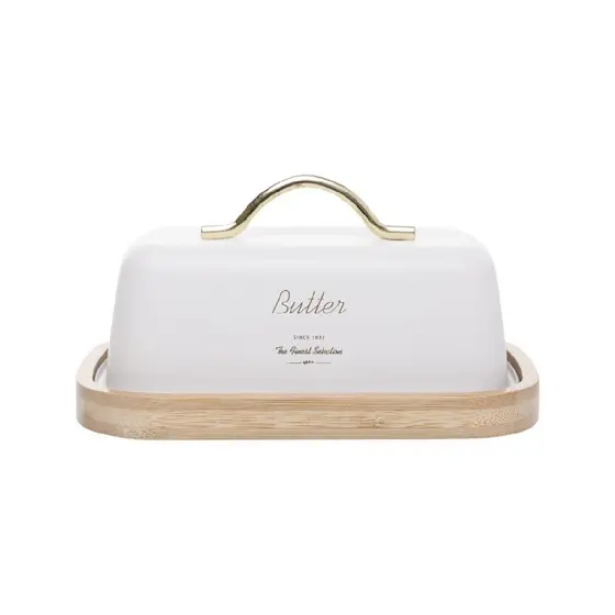 Manteigueira Com Tampa Metal Branco E Bambu Olina Wolff Charme Estilo Europeu Mesa Posta
