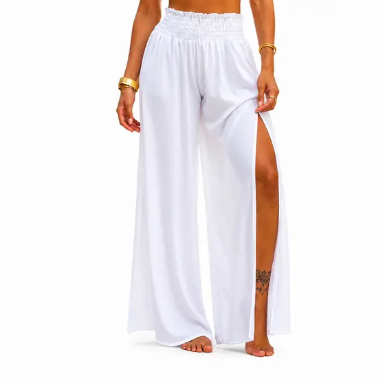 Saída de Praia Calça Feminina Pantalona com Fenda Lançamento