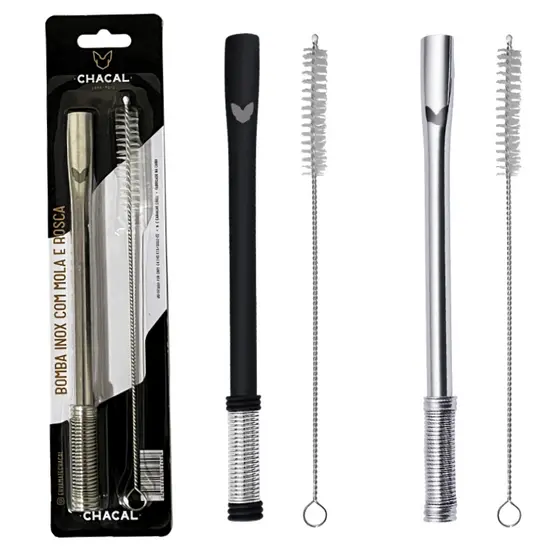 Kit Bomba Tereré Chacal Inox Filtro Mola Regulável Com Escova - Lançamento