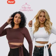 Blusa Cropped Inverno Manga Longa Suplex Feminino Laço Lateral Cropped Moda Blogueira Cropped amarração