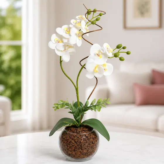 Orquidea Artificial Silicone Arranjo 45 cm com Vaso de Vidro