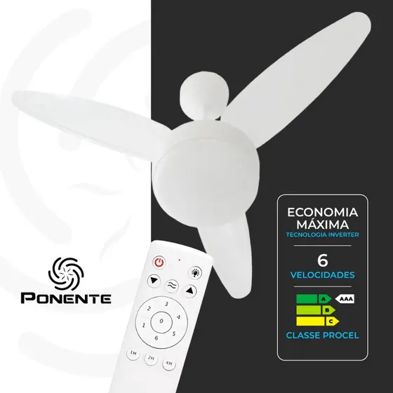 Ventilador de Teto Silent Inverter Ponente com Controle Remoto LED 18W Bivolt 6 Velocidades Silencioso