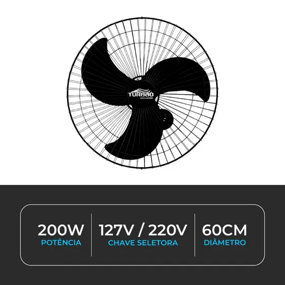 Ventilador de Parede 60cm Bivolt Turbão 200W Oscilante Alta Potência 6 Velocidades para Grandes Ambientes