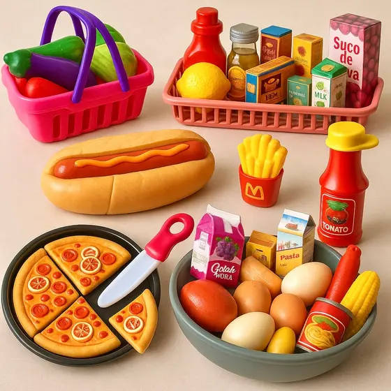 Kit Brinquedos Menino Menina Comidinha Infantil Velcro Mercadinho Comidas Brinquedo Cozinha Infantil
