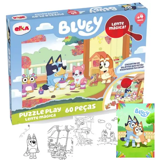 Jogo Quebra-cabeça Puzzle Bluey 60 Peças C/ Lente Mágica Série Brinquedos de Menino e Menina Elka