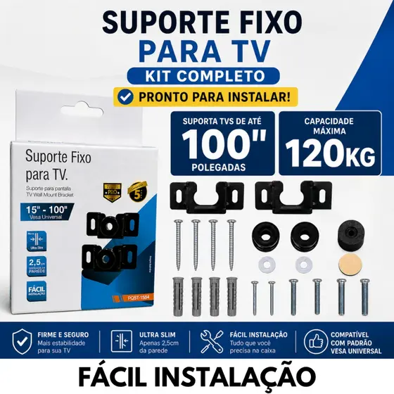 Suporte Universal Fixo TV Smart LED 4K 10 a 100 Pol VESA Painel Parede Monitor
