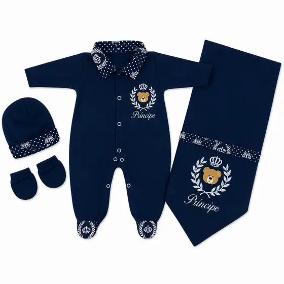 Saída de Maternidade Urso Dengoso Azul Marinho 04 Peças