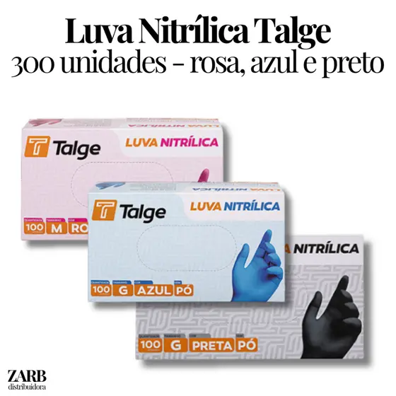 Kit 300 Luva Nitrílica Talge Sem Pó - Azul, Rosa e Preta | Tamanhos P, M e G