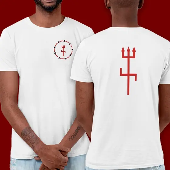 Axé Camisa Frente/Verso Exú Masculina Camiseta 100% Poliéster Branca Umbanda Candomblé Orixá