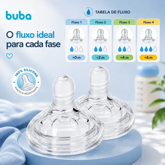 Kit 2 Bicos para Mamadeira Easy Flow Buba Válvula Anticólica Macio 100% Silicone