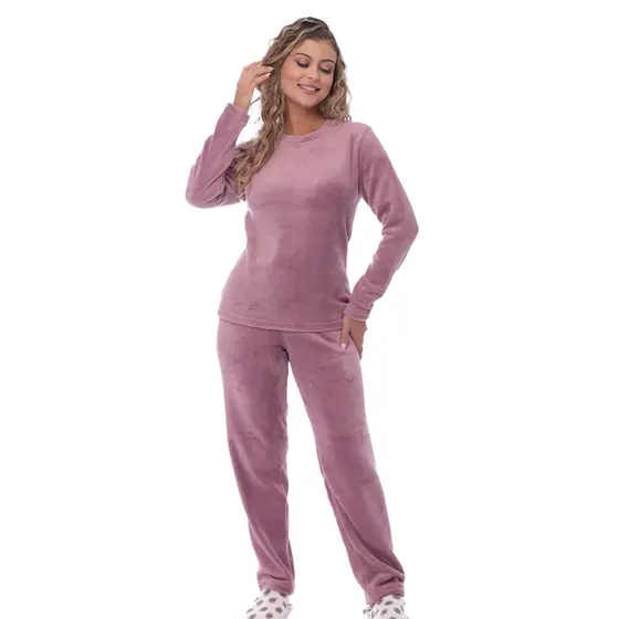 Pijama Feminino Manga Longa Calca Adulto Boss Fleece Soft Quentinho Inverno Liso Basico Victory