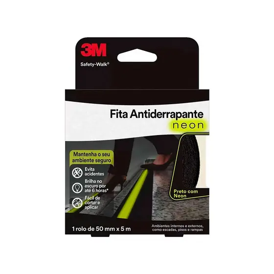Fita Antiderrapante Autoadesiva Fotoluminescente Fosforescente Preta 50mmx5m Safety-Walk Neon Fluorescente Vaga Lume 3M