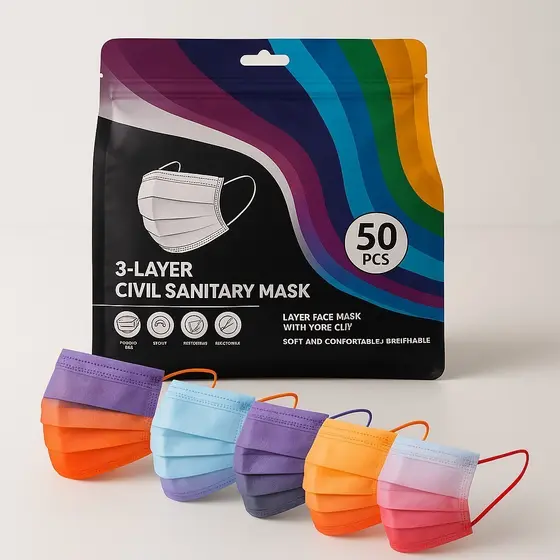 Kit 50 Máscara Tripla Descartável Colorida Adulto Elástico Proteçao Degrade Moda Clinic