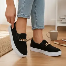 Tênis Feminino Iate Slip On Com Corrente Confortável Macio Moderno Calce Facil Sapatenis Sapatilha Luxo