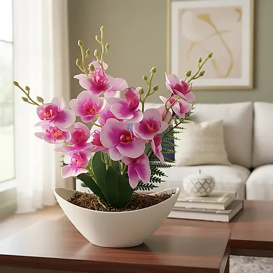 Arranjo de Orquídeas Planta Artificial Vaso Barca Decoração