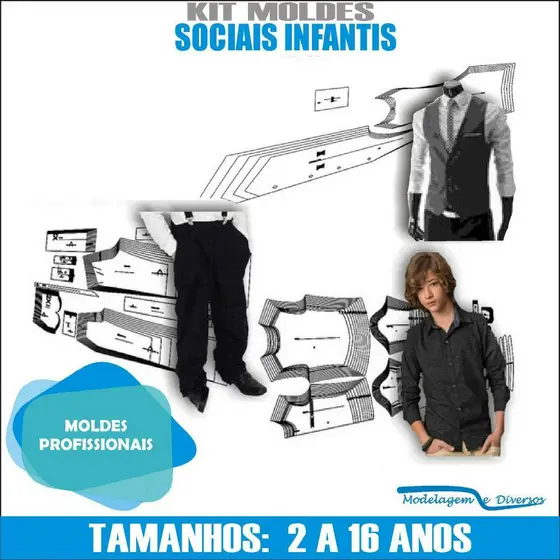 Kit Moldes Camisa + calça + colete Social infantil, Modelagem&Diversos, Tamanhos 2 A 16 anos