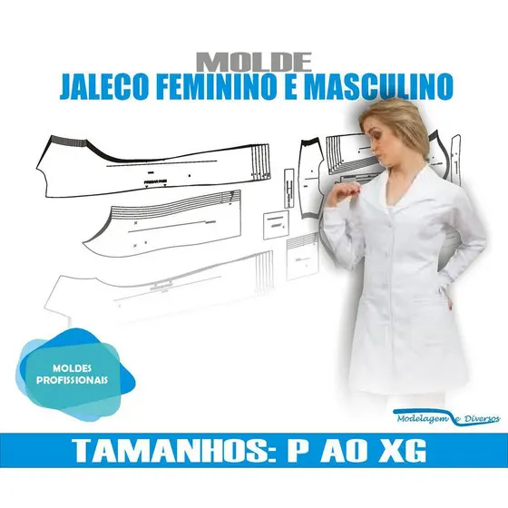 Molde Jaleco Feminino e Masculino Com Bolso na Frente, Modelagem&Diversos, Tamanhos P ao XG