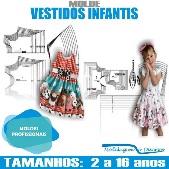Kit Moldes Vestidos Infantis, Modelagem&Diversos, Tamanhos 1 A 16 anos