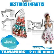 Kit Moldes Vestidos Infantis, Modelagem&Diversos, Tamanhos 1 A 16 anos