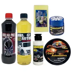 KIT LAVA AUTO COM CERA 5 EM 1 COM LAVA AUTOS / PRETINHO / SILICONE / DESODORIZANTE + ESPONJA