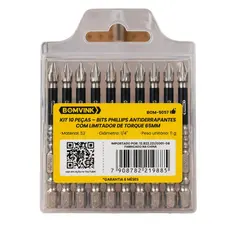 KIT 10 PEÇAS - BITS PHILLIPS ANTIDERRAPANTES COM LIMITADOR DE TORQUE 65MM