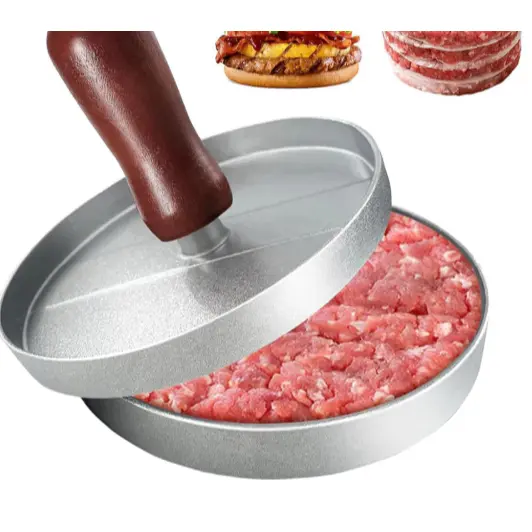 🍔 Forma Modeladora de Hambúrguer – Metal com Cabo de Madeira  Embale para você hoje!  Praticidade, agilidade e perfeição
