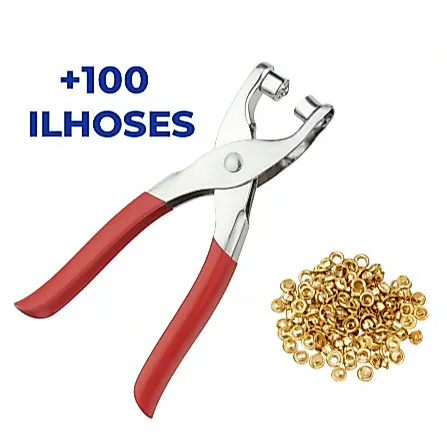 Alicate Aplicador de Ilhós Rebites + 100 Ilhoses Dourados envio imediato