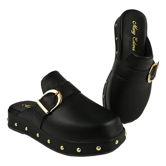 Tamanco Mule Feminino Anabela com Bico Redondo Babuche Confortável