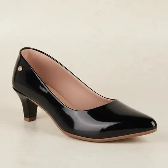 Scarpin Feminino Salto Baixo Verniz Bico Fino Confortável Macio Casual