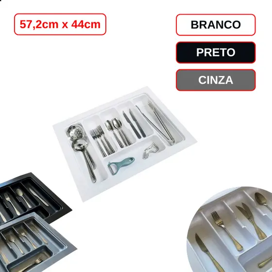 Divisor de Talher Ajustável OG-70 Organizador Gaveta Talheres Branco Cinza Preto Moldplast 572x440mm