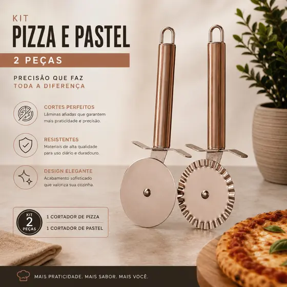 Kit Cortador de Pizza e Pastel em Aço Inox Premium – Carretilha Lisa + Ondulada Profissional