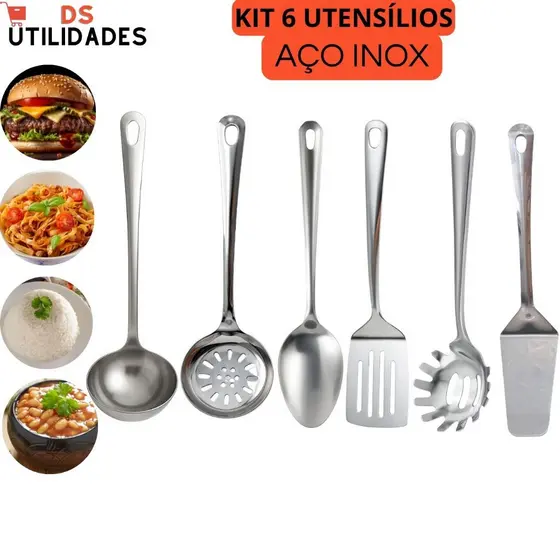 Conjunto Utensílios Para Cozinha 6 Pecas Aço Inox Colher de Servir Concha de Feijão Escumadeira Espátulas Concha Massas