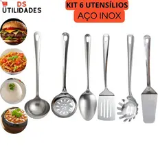Conjunto Utensílios Para Cozinha 6 Pecas Aço Inox Colher de Servir Concha de Feijão Escumadeira Espátulas Concha Massas
